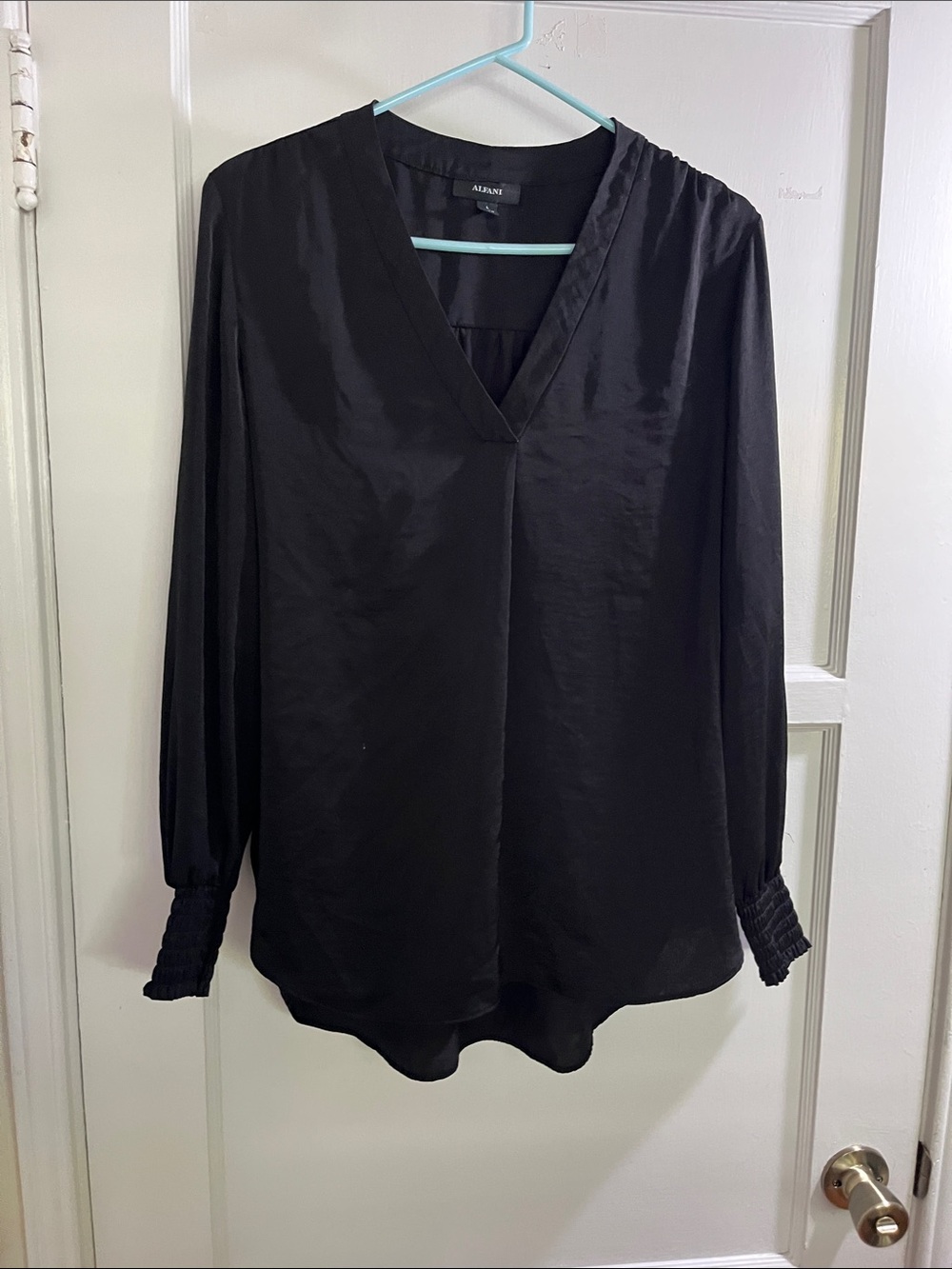 Alfani Black V-Neck Long Sleeve Blouse with Smocked Cuffs